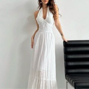 Aloruh Romantic Date Halter Neck with Ruffle Hemline White Sun Maxi Dress